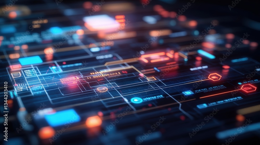 Poster abstract digital visualization of a complex network system featu glowing nodes, interconnected lines