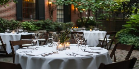 Elegant outdoor dining area with white tablecloths and candles, set in a historic courtyard.