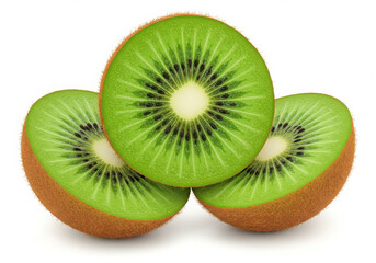 Fototapeta premium A stack of three kiwi fruit halves with green flesh and black seeds on a white background