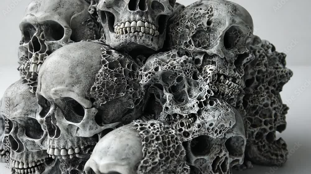Aufkleber a heap of intricately designed skulls displaying unique textures and patterns, symbolizing life, dea