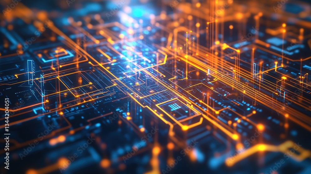 Poster abstract digital representation of a complex network showcasing glowing orange and blue circuit boar