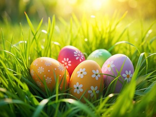 Fototapeta premium Minimalist Easter Eggs in Grass: Spring Holiday Decoration