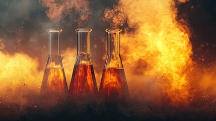 Futuristic laboratory accident with glowing chemical reactions and flames