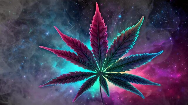 Galaxy-Inspired Cannabis Leaf on a Starry Background