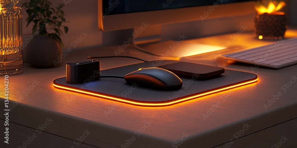 Poster modern workspace setup with illuminated mouse pad and accessories during evening hours
