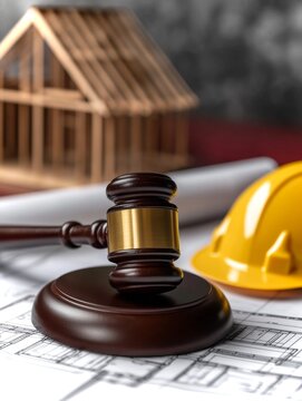 Law and justice in construction with a gavel, blueprint, and safety helmet on a table