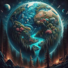 Terre sph&eacute;rique avec verdure, faune &eacute;trange et plan&egrave;te entour&eacute; de sapins