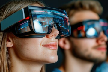 Business school students engaging with glowing holographic presentations in an advanced classroom