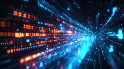 Digital data stream tunnel, fast-moving code, dark background, futuristic technology