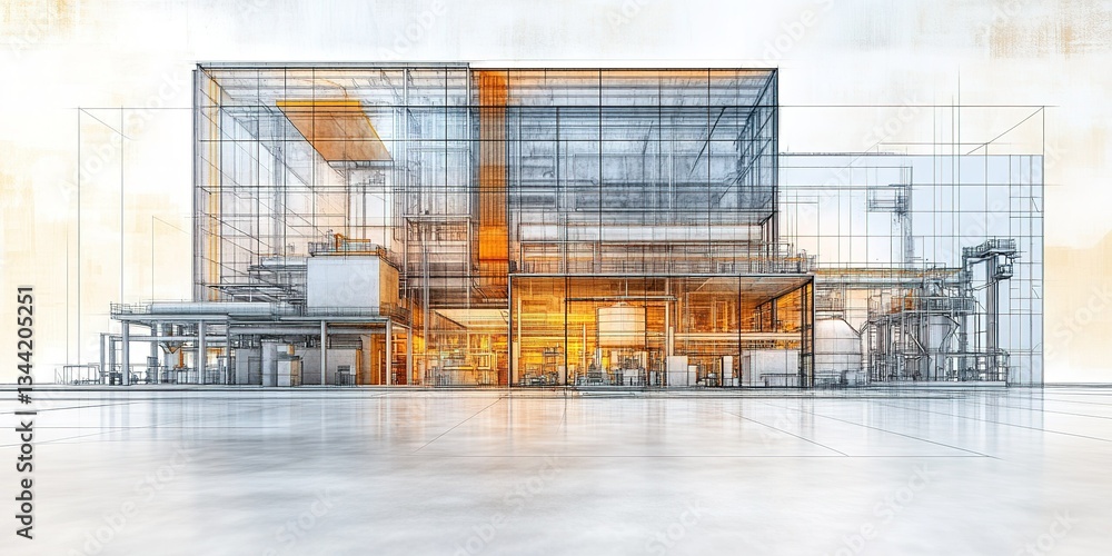 Poster modern architectural design of an industrial building showcasing innovative structural elements with