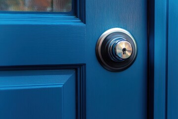 Smart door lock on door with sleek design and soft lighting and copy space on left