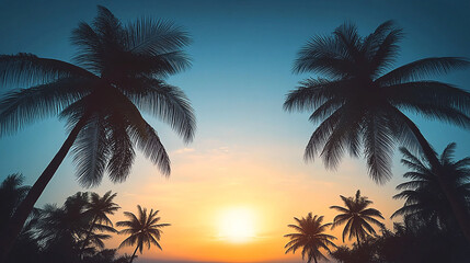 Obraz premium Silhouetted palm trees against a vibrant sunset sky, evoking tranquility and nature's beauty