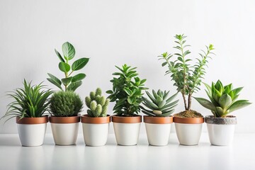 Obraz premium Minimalist Flat Lay: Assorted Potted Plants on White Background - High-Resolution Double Exposure Stock Photo