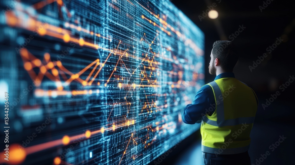 Poster man in safety vest analyzes complex data visualizations on digital screen featu graphs and network d