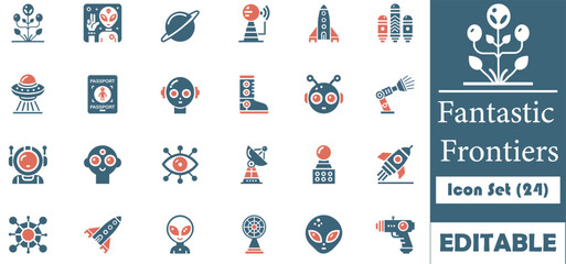 Obraz premium Explore a space, alien, and futuristic technology-themed icon set, featuring rockets, UFOs, robots, and more. Perfect for digital projects, websites, and mobile apps.