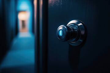 Smart door lock on door with sleek design and soft lighting and copy space on left