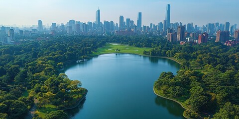 Fototapeta premium Urban park with lake and skyline at sunrise in a bustling city