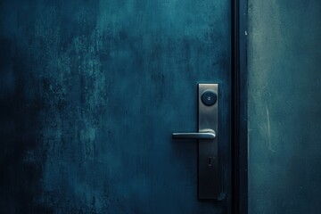 Smart door lock on door with sleek design and soft lighting and copy space on left