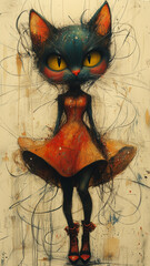 Stylish fantasy cat doll with big eyes, dress and boots. Unique character design for kids, animation, comics, and creative projects.