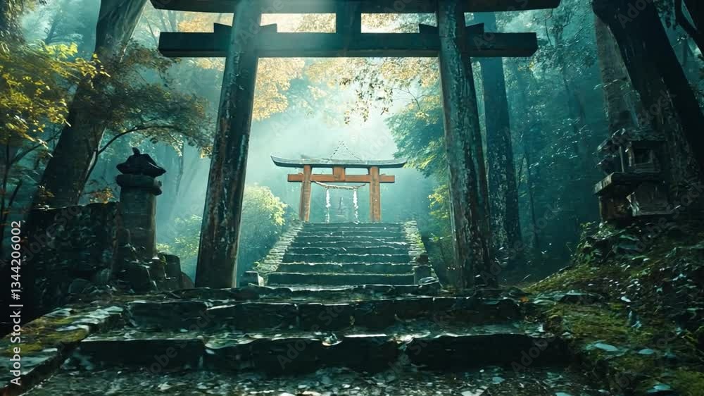 Poster serene pathway through ancient torii gates in lush forest, sunlight streaming through trees and crea