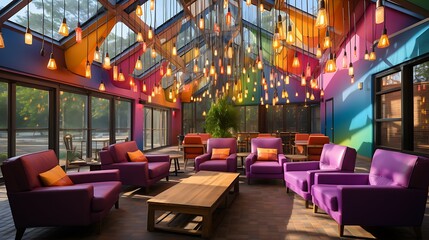 Vibrant Lounge with Hanging Lights and Colorful Walls