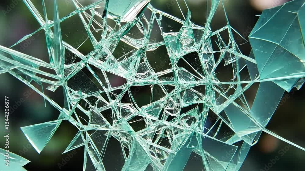 Poster close-up view of shattered glass with intricate patterns and reflections captured in natural light, 