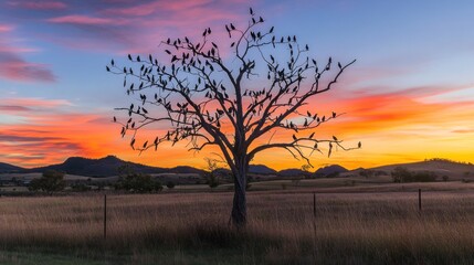 Fototapeta premium Birds roosting in bare tree at rural sunset, scenic landscape background, wildlife habitat