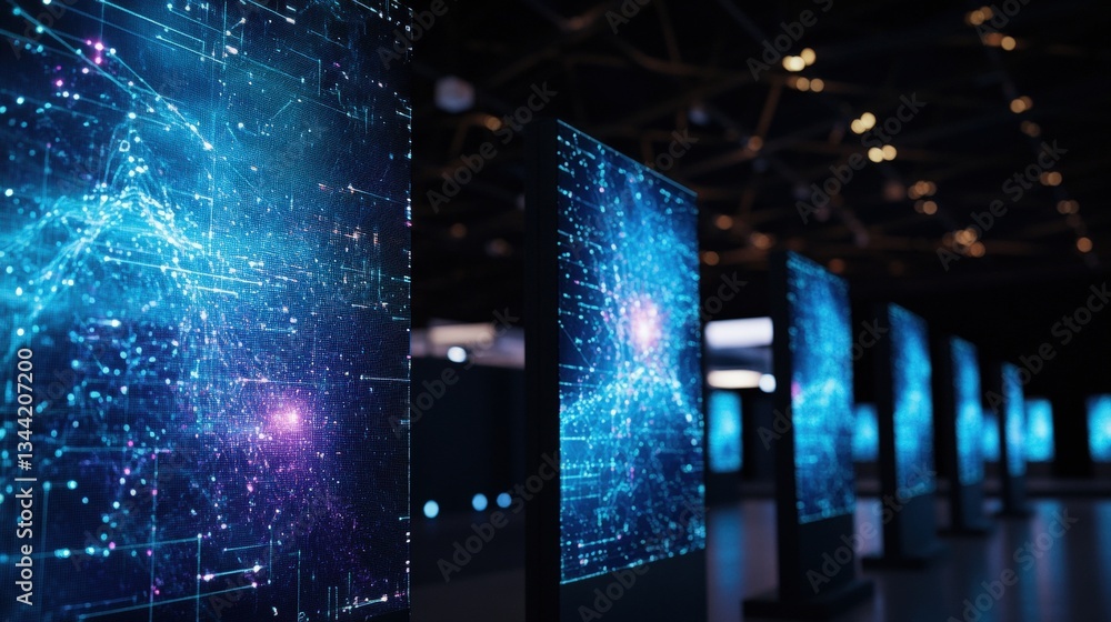 Poster long row of slender digital displays in dark room showcasing abstract data visualizations glowing bl