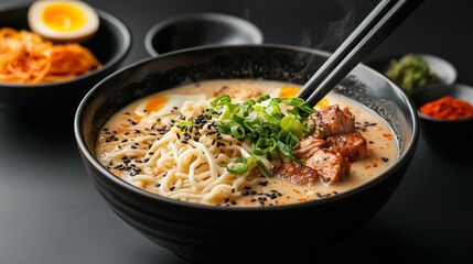 Japanese ramen bowl with pork belly, egg, and green onions on a dark background.