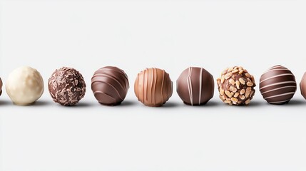 Row of assorted chocolate truffles in various coatings and textures on a white background.