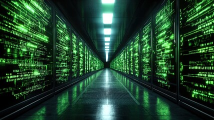 A long, dark corridor filled with towe server racks displays vibrant green scrolling code illuminated by bright overhead lights for a tech ambiance