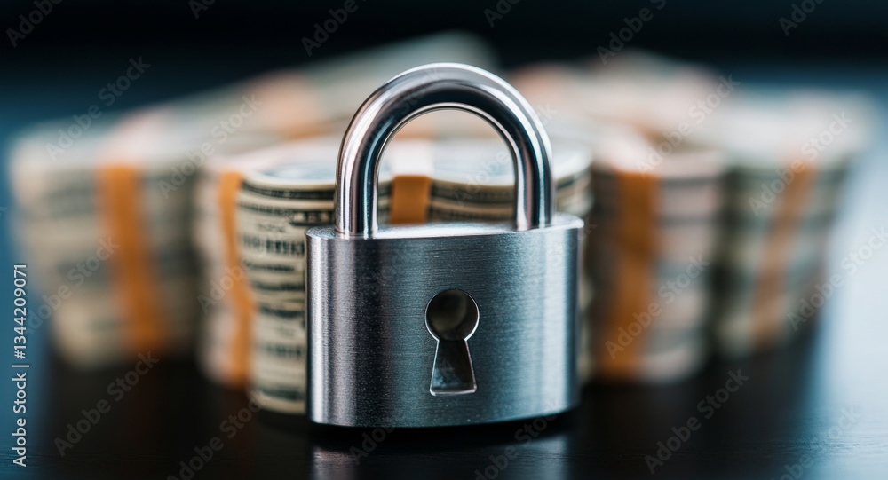 Poster a sturdy metal lock secures neat bundles of cash on a sleek surface, emphasizing the importance of s