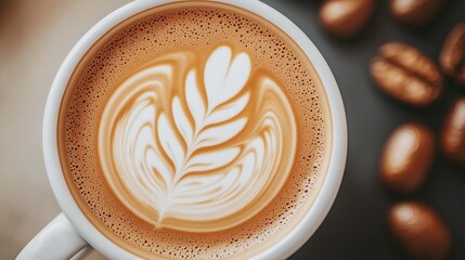 Top view of a cup of coffee with beautiful latte art, surrounded by coffee beans.