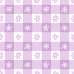 Light purple daisy floral gingham plaid vector repeat pattern, seamless repeating background, cute girly wallpaper design