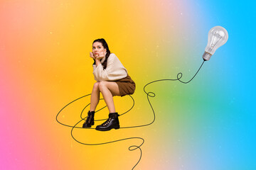 3d sketch poster trend collage of minded girl sit light bulb cable idea finding development plan...