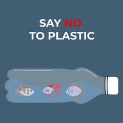 Say No to Plastic &ndash; Illustration of fish trapped in a plastic bottle. Highlighting ocean pollution and the need for environmental protection