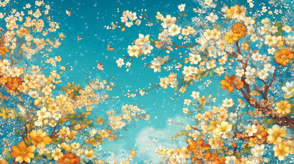 Blooming Orchard: An illustration of a vibrant orchard in full bloom, with delicate petals and a breathtaking display of color against a vivid blue sky.