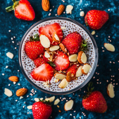 A top view of chia seed pudding with strawberries and almonds on a blue textured background