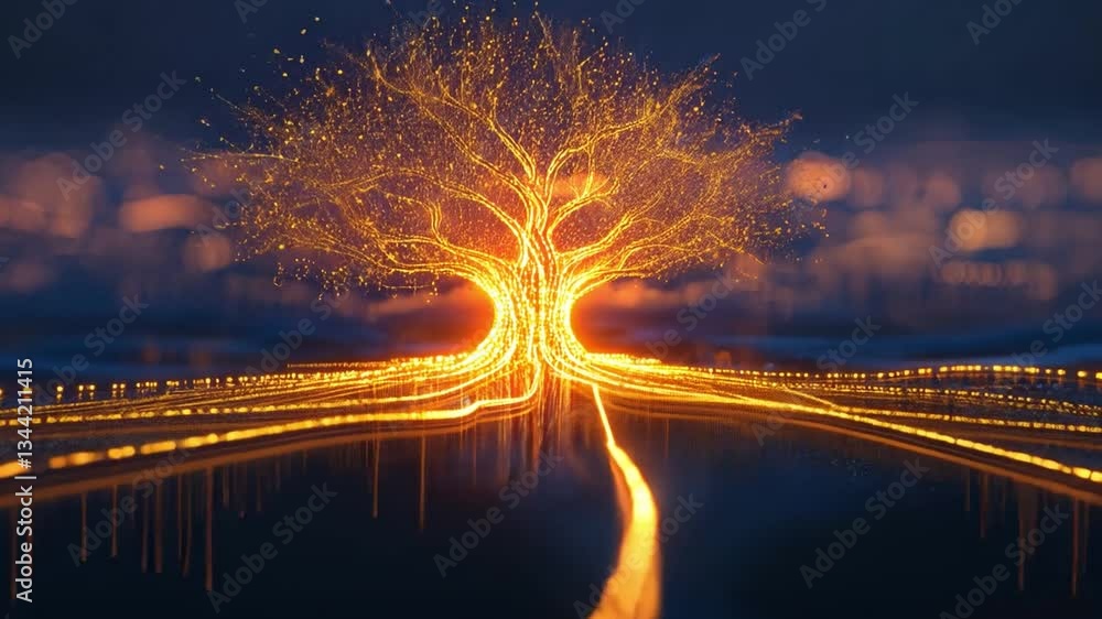 Poster glowing tree with illuminated branches surrounded by shimmering lights against a dark background, cr
