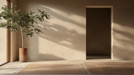 Empty room with a large potted plant on the left side of the image. the room has a beige wall and a wooden floor. on the right side, there is an open door that leads to another room.