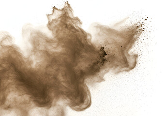 Soil dust rising Brown sand dust soil powder. Smoke effect. Smog or fog floating. smoke cloud particles. Blurred dust explosion rising.