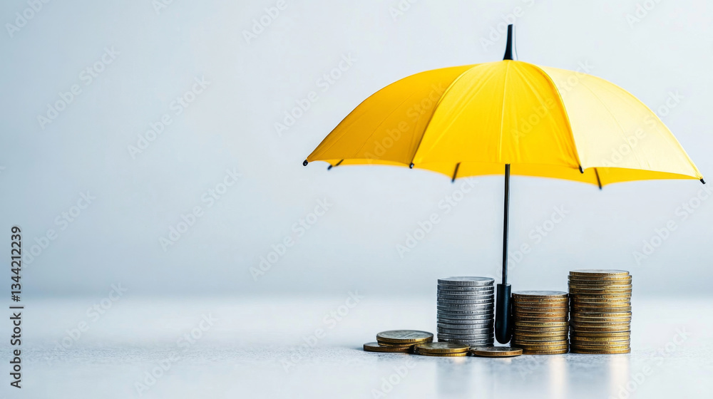 Aufkleber a bright yellow umbrella stands over stacks of coins, symbolizing financial security and privacy. th