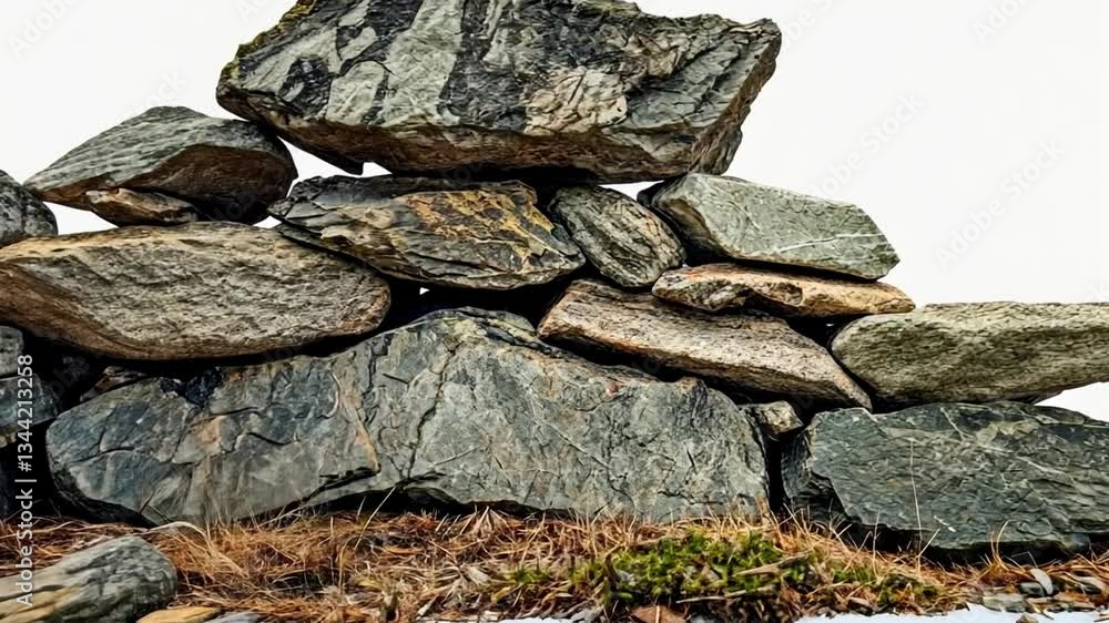Poster stacked natural stones and rocks forming a scenic landmark on a white background emphasizing texture
