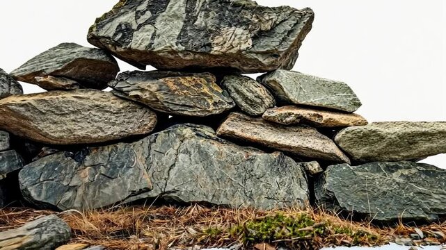 Stacked Natural Stones and Rocks Forming a Scenic Landmark on a White Background Emphasizing Texture and Shape of Each Layered Element