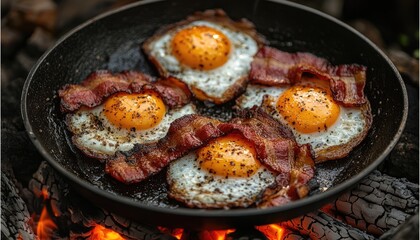 Crispy bacon wraps fried eggs in a cast iron skillet. Perfect for breakfast or brunch menus, showcasing rustic cooking.