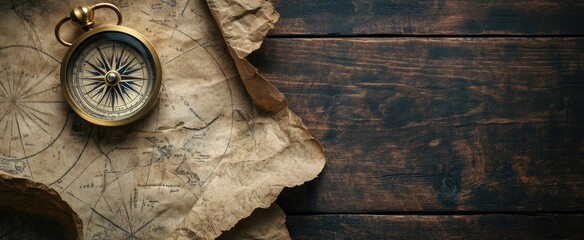 Antique Map and Compass on Wooden Surface