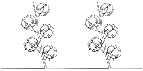 branch of cotton, continuous single one line abstract depiction of a cotton branch, illustrated using a continuous single one line art technique. This minimalist hand drawn sketch captures the natural