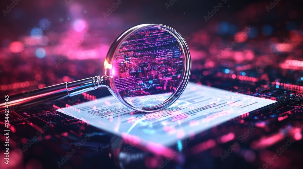 Poster a magnifying glass on a document atop a circuit board revealing vibrant code and data in pink and pu