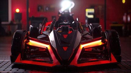 Naklejka premium Futuristic race car with glowing red lights in a garage.