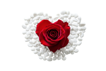 A delicate red rose placed in the center of a heart-shaped arrangement of small white pebbles on a pure white background, representing romantic love.